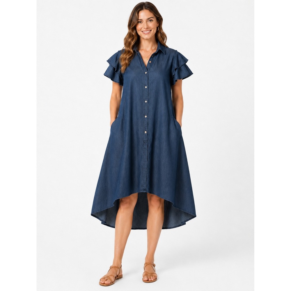 Step In Style Blue Denim Chambray Ruffle Sleeve High Low Button Front Dress M